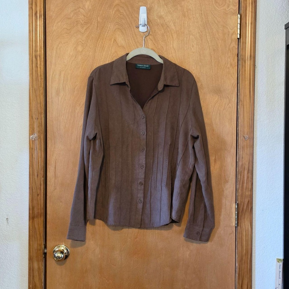 Lemon Grass Studio Brown Faux Suede Pintuck Pleated Button Up Blouse Large